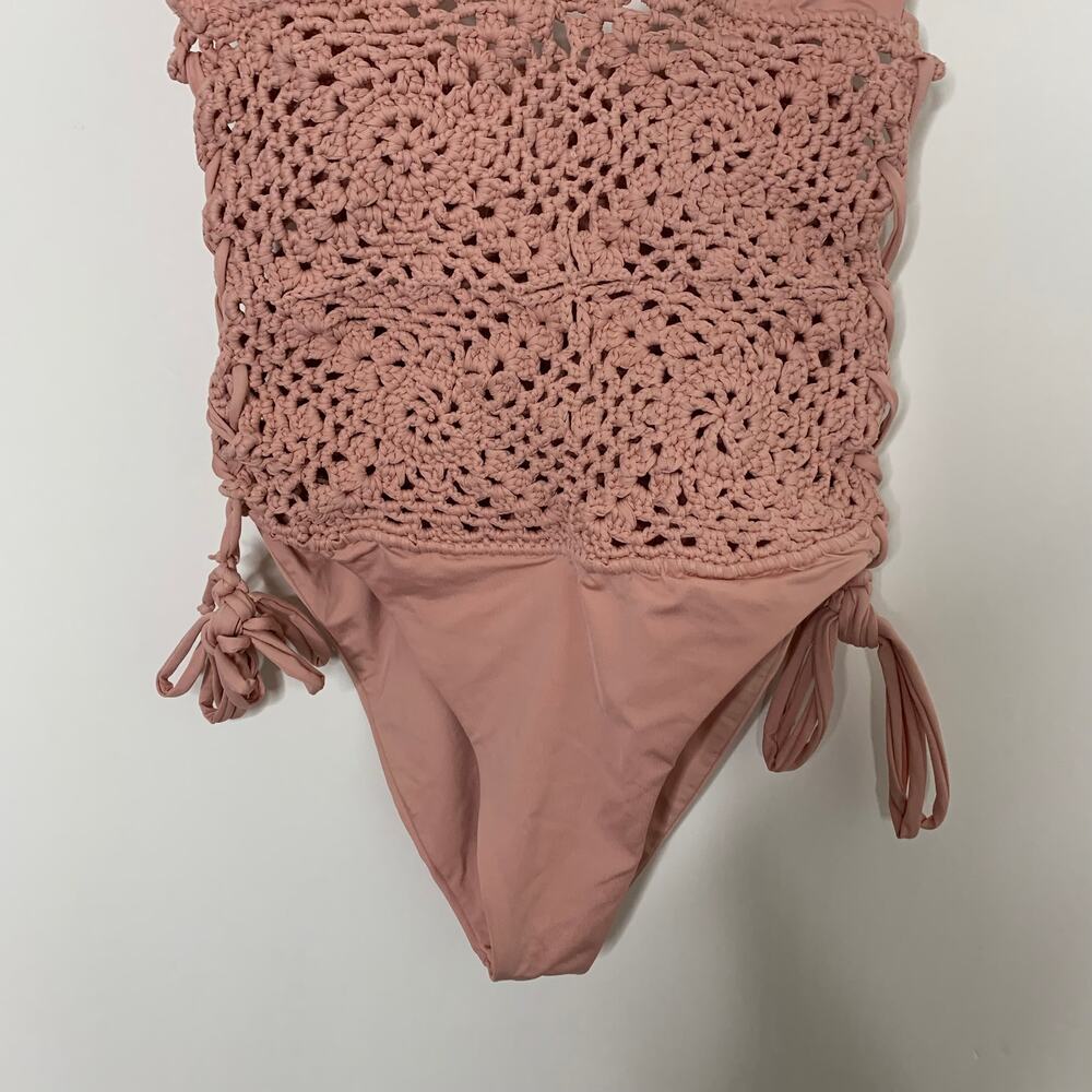Frankie's Bikinis Lilah Crocheted One-Piece Swimsuit Pink Womens Medium - Picture 11 of 13